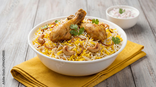 Fotografie Delicious chicken biryani served in a white bowl with raita on a wooden table