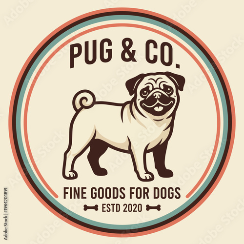 An adorable logo featuring a cheerful pug, perfect for a pet supply brand. This logo captures the joyful spirit of dogs and highlights their importance in our lives.