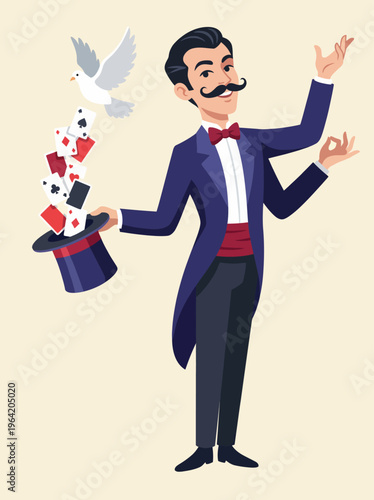 A charismatic magician in a tuxedo showcases a captivating card trick, featuring a dove in flight, exuding charm, mystery, and amusement as he delights his audience.