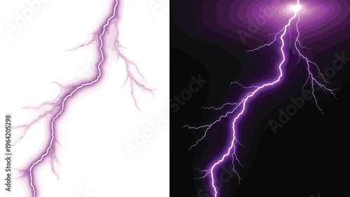 Purple Lightning Bolt on Black Background and Isolated on White