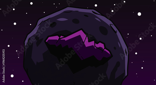 a dark, rocky asteroid with a glowing purple crystalline interior floats in a starry, deep purple cosmos, representing space exploration and discovery.