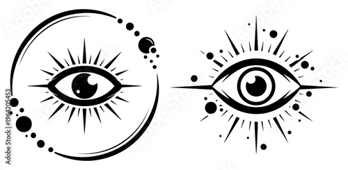 Mystical eye symbols with celestial rays and dots in occult tattoo style