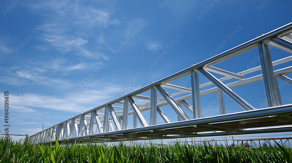 Fototapeta premium Irrigation System Structure Spanning Green Fields Under Clear Blue Sky, Modern Agriculture Technology for Crop Watering and Growth