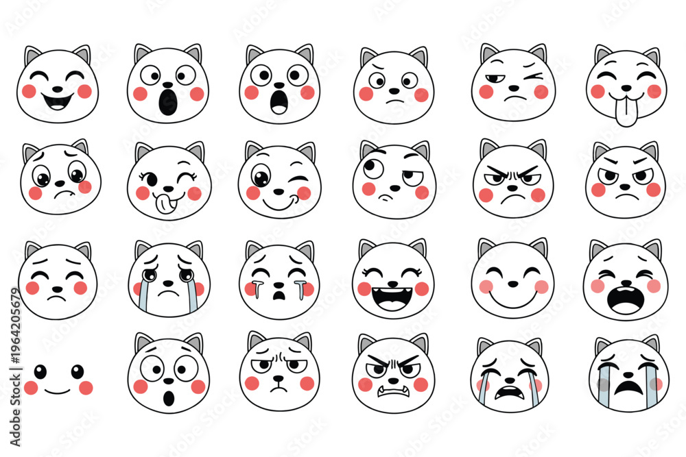 Obraz premium Cute cat emoji vector illustration set depicting various emotions from happy to angry and sad.