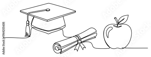 Graduation cap diploma and apple for education and school concepts in continuous line art style