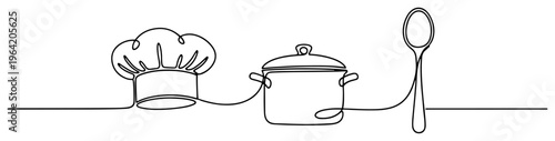 Chef hat cooking pot and spoon for culinary and kitchen themes in continuous line art style