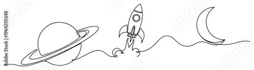 Rocket ship planet and crescent moon for space exploration concept in continuous line art style