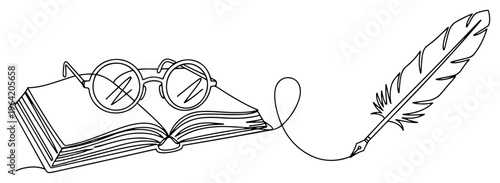 Open book with round glasses and quill pen in continuous line art style