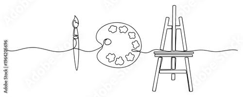 Art supplies including paintbrush palette and easel in continuous line art style