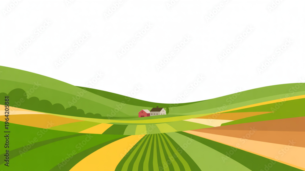 Obraz premium Vibrant agricultural landscape with rolling green hills a farmhouse and colorful cultivated fields representing rural life and farming concepts