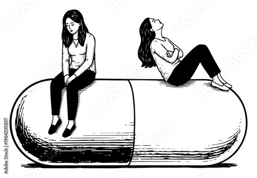 Women sitting on giant medicine pill capsule representing depression and mental health in engraving style