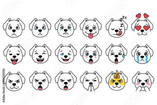 Cute dog faces showing various emotions from happy to sad and angry.