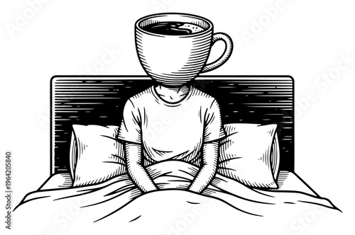 Person in bed with large coffee cup head representing morning routine in engraving style