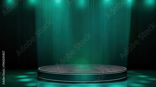 Black podium on emerald green background with spotlight, evoking a sense of prestige and exclusivity, ideal for use in award ceremonies, luxury product launches, or as a backdrop for text.