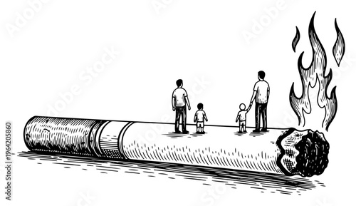 Families standing on giant burning cigarette representing health risks and passive smoking in engraving style