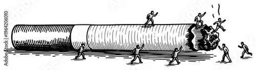 Tiny people interacting with a giant cigarette for smoking addiction concept in vintage engraving style