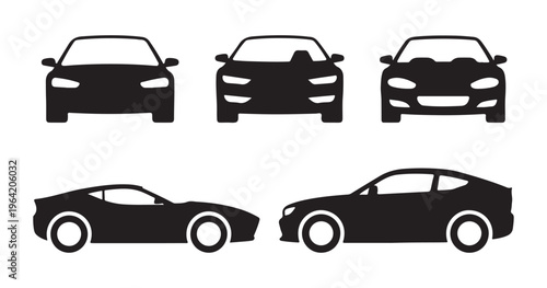 Multiple car icons with front and side profiles, displaying different vehicle shapes and models.