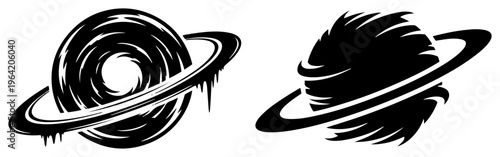 Abstract ringed planet icons with swirling vortex and jagged textures for space themes