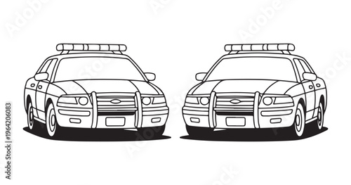 Two police car icons front view, featuring sirens and grill, law enforcement vehicle graphics.