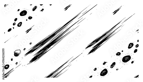 Abstract diagonal speed lines and flying debris with ink splash in woodcut style