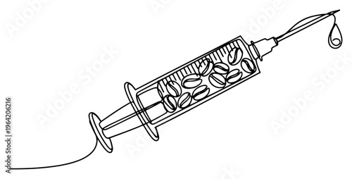 Medical syringe filled with roasted coffee beans in one line art style
