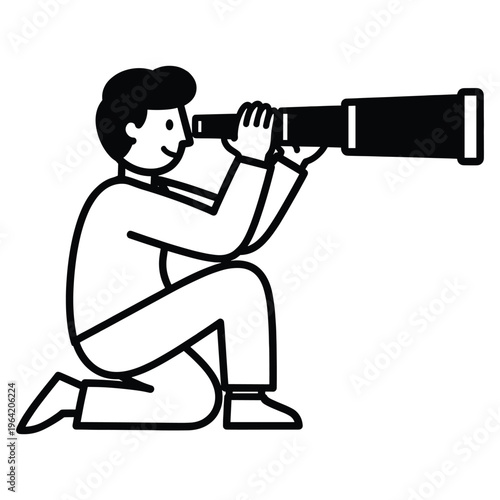 Minimalist black and white vector of man looking through telescope for vision and discovery.