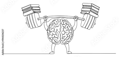 Human brain character lifting heavy weights with books in continuous line art style