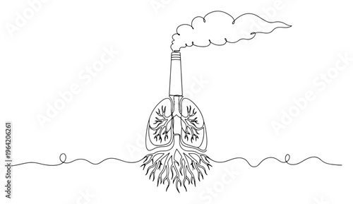 Human lungs with factory chimney and roots representing pollution in continuous line art style