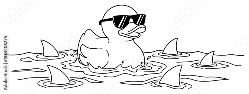 Cool rubber duck wearing sunglasses among dangerous shark fins in continuous line art style