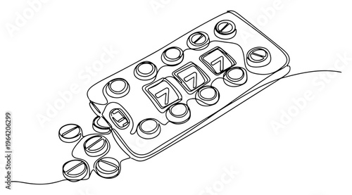 Medical pill blister pack designed as lucky slot machine in continuous line drawing style