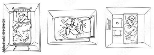 Person lying in bed suffering from insomnia or anxiety in continuous line art style