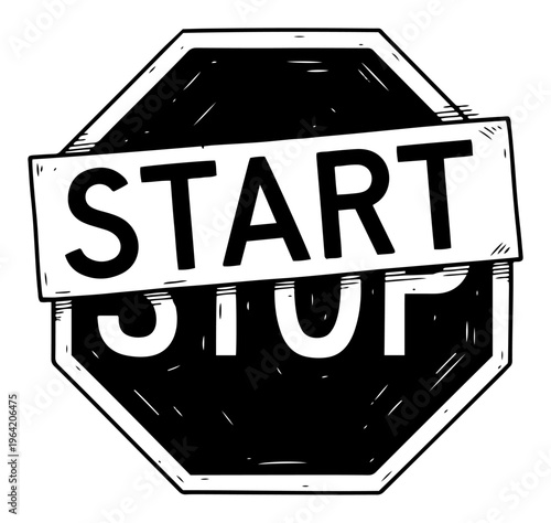 Octagonal stop sign with start banner covering stop text in woodcut style