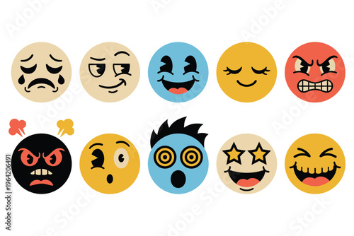 Retro emoji faces displaying diverse emotions like joy, anger, sadness and surprise.
