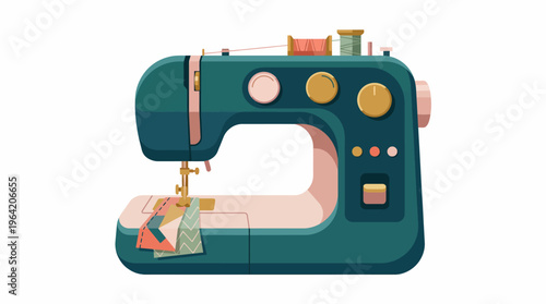 This charming vintage style illustration portrays a sewing machine, highlighting its unique design elements and functionality, representing creativity and craftsmanship in sewing.