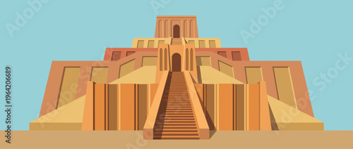 This graphic showcases a stylized ziggurat, emphasizing its architectural beauty and historical significance, merging artistic design with cultural representation in a bold layout.