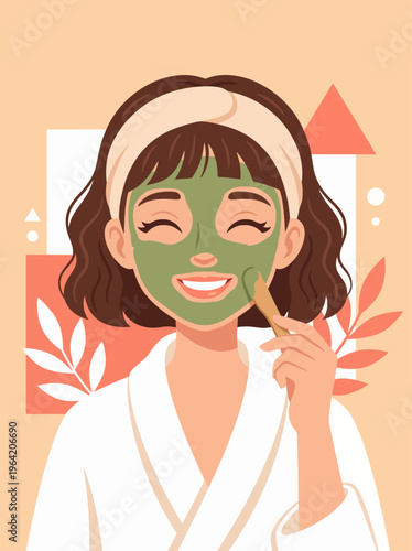 A happy woman applying a facial mask in a relaxing environment, representing self-care, skincare, and personal well-being in a nurturing spa-like atmosphere.
