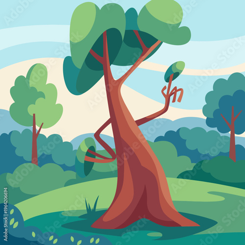 This vibrant image depicts a stylized tree amidst a scenic landscape filled with lush greenery, emphasizing harmony and peace found in nature.