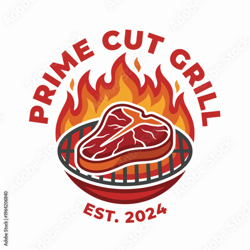 An eye-catching logo for Prime Cut Grill featuring a delicious steak on the grill amidst vibrant flames, perfect for any barbecue-themed branding project.