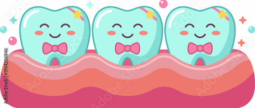 This playful illustration features three cartoon teeth with smiles and bows, conveying a friendly approach to dental care and an emphasis on good oral hygiene for children.