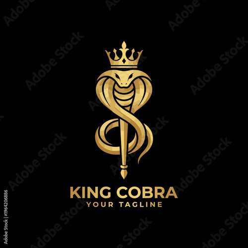 A sophisticated gold king cobra logo, showcasing a majestic serpent coiled and crowned, representing strength, power, and elegance in visual branding and design.
