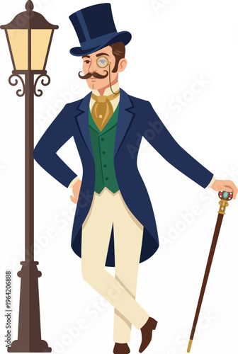 An illustration of a dapper Victorian gentleman leaning against a lamppost, showcasing classic fashion and elegance in a charming street setting.