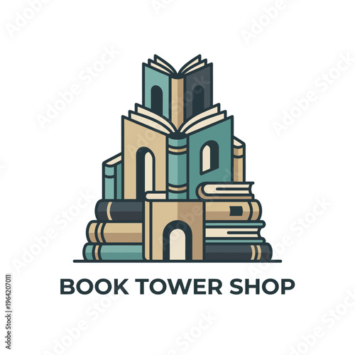 A whimsical book tower shop filled with various stacked books showcasing knowledge and creativity, inviting readers to explore new worlds through literature and imagination.