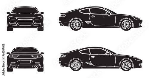 Modern sports car side view front and rear silhouettes isolated on white background vector.