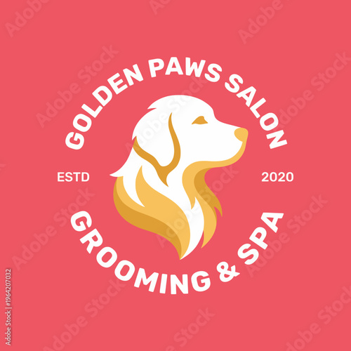 A delightful logo design for 'Golden Paws Salon,' depicting a golden retriever showcasing grooming and spa services, symbolizing care, love, and pampered pets.