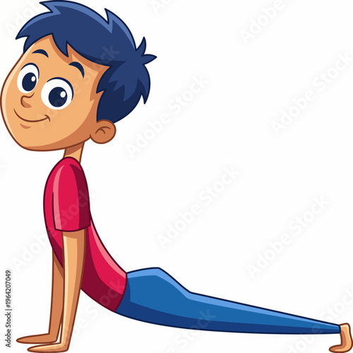 A cheerful illustration of a young boy in a yoga pose, showcasing balance and relaxation, promoting physical activity and mindfulness in a fun and engaging way for children.