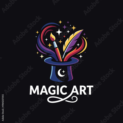 A visually enchanting magic hat full of vibrant artistry elements like feathers and paintbrushes, encapsulating creativity and imagination in the art world.