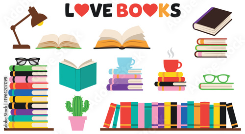Diverse collection of open and closed books, stacked and on shelves, along with reading accessories. Represents passion for literature, learning, and knowledge in various forms.