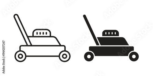 lawn mower icon clipart symbol isolated on white background. Flat and stroke designs.