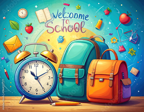 Colorful Back to School Illustration with Backpack and Alarm Clock