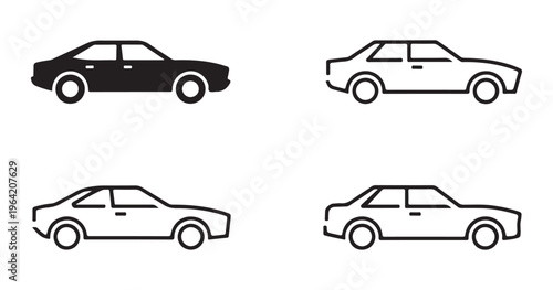 Compact coupe car line art and silhouette set representing modern city vehicle side view illustrations.